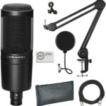 Audio-Technica AT2020 Cardioid Condenser Microphone Bundle with XLR Cable + Microphone Arm + Pop Filter + Cleaning Cloth (5 Items)