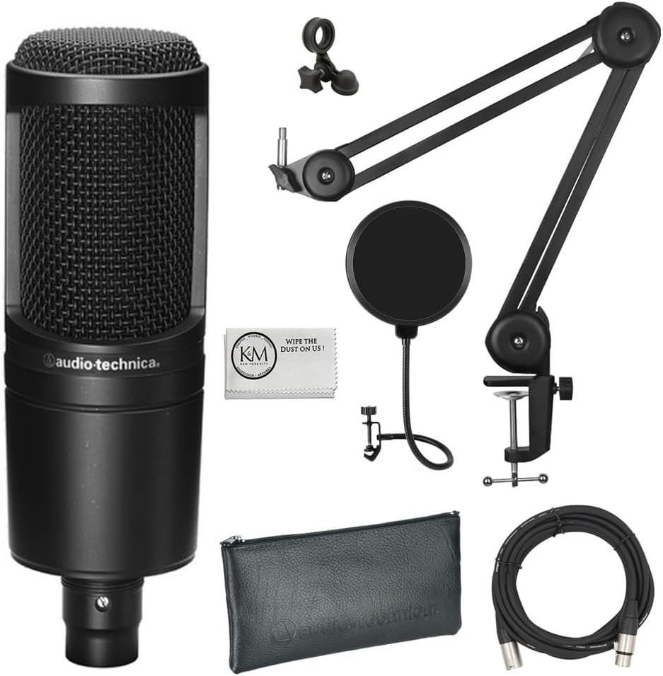 Audio-Technica AT2020 Cardioid Condenser Microphone Bundle with XLR Cable + Microphone Arm + Pop Filter + Cleaning Cloth (5 Items)