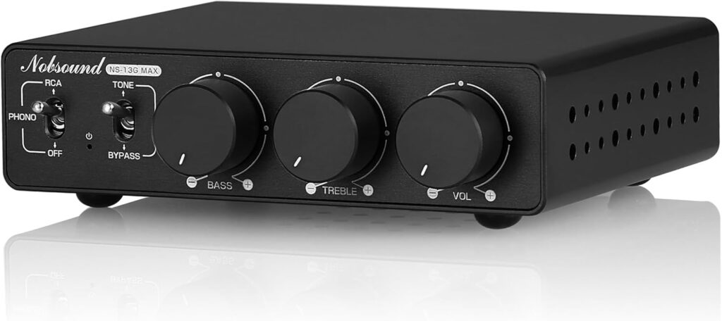 Douk Audio NS-13G MAX 300Wx2 Stereo Amplifier with Phono Input – HiFi Class D Mini Power Amp for Home Theater, Turntables, Studio Monitor | TPA3255 Chip, RCA/MM Inputs, Bass/Treble Control (DC 48V)