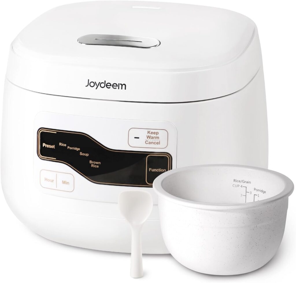 Joydeem Ceramic Rice Cooker FD20S-W, 4 Cups Uncooked Rice Cookers with Pure Ceramic Inner Pot, 24h Dealy Start, 2L, White
