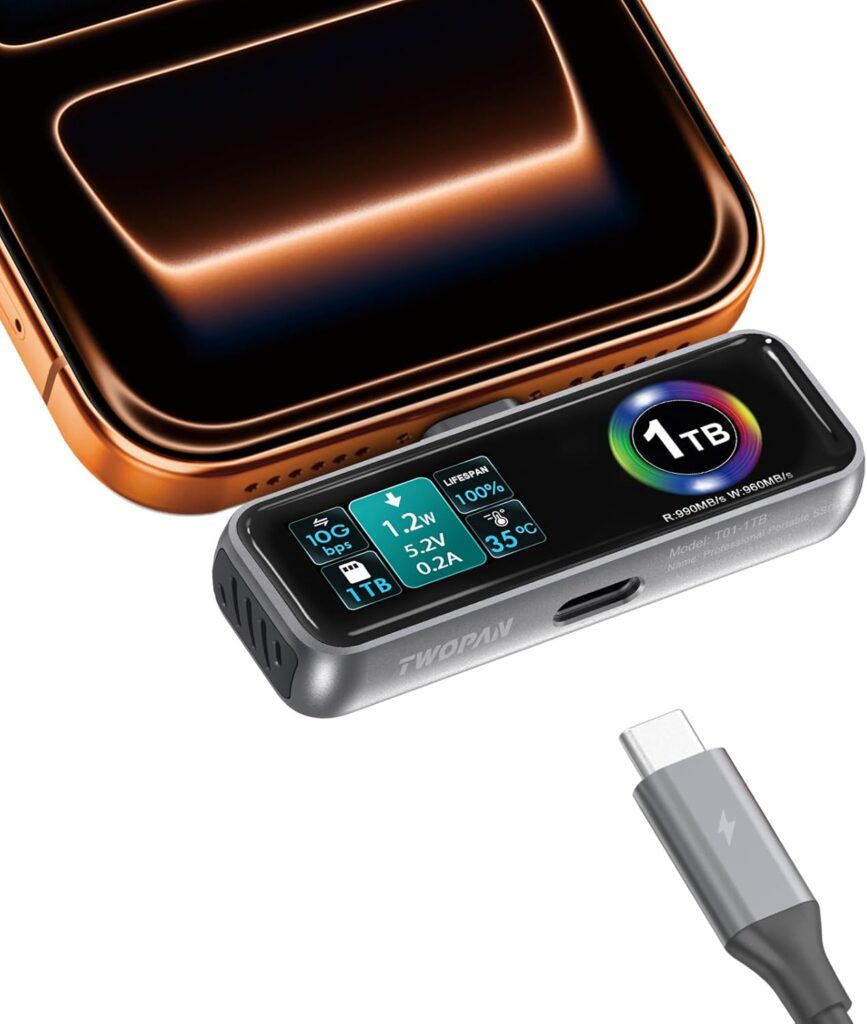 Magnetic Portable iPhone SSD for ProRes 4K 60fps Video Recording, 1TB External Super Storage for iPhone 17/16 Pro/Pro Max,iMac/MacBook, LCD Display, USB-C PD 3.0 Port, Built-in Cooling Fan