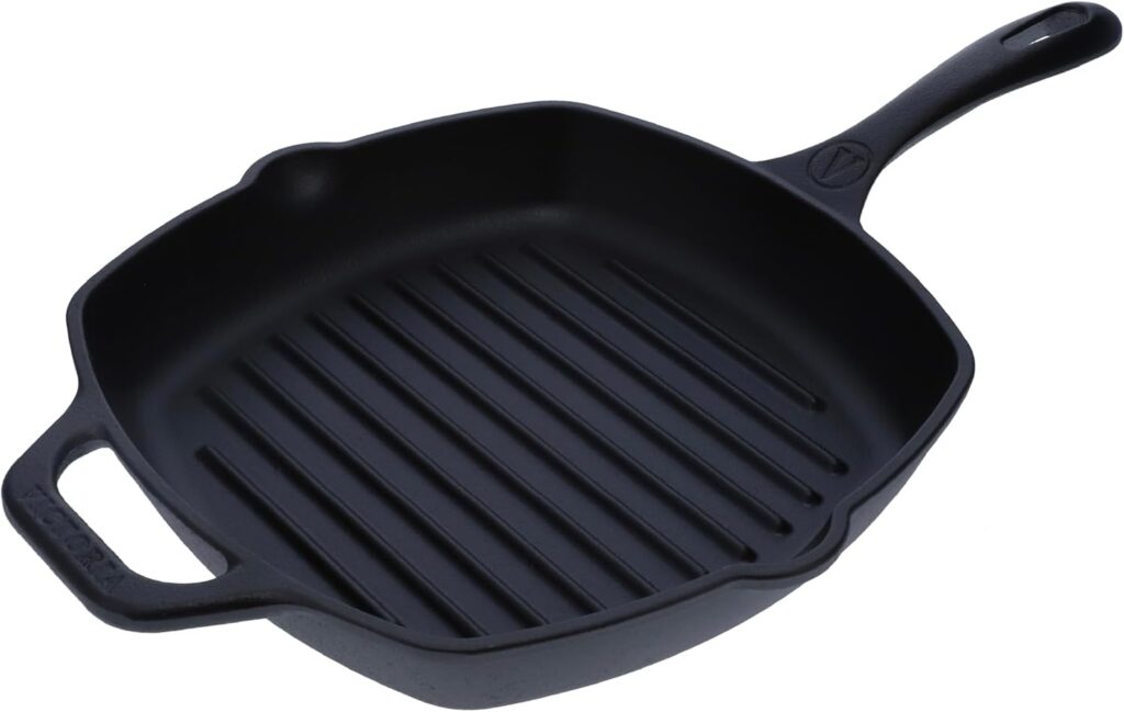 Victoria Cast Iron Grill Pan, Square Grill Pan, Cast Iron Griddle Pan, Seasoned with 100% Kosher-Certified, Non-GMO Flaxseed Oil, Black, 10 Inches