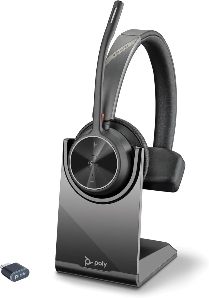 Poly Voyager 4310 UC Wireless Headset With Mic for Work, Mono, Charge Stand – Noise-Canceling Boom Mic – Connect PC via USB-C/USB-A Adapter, Phone via Bluetooth – Microsoft Teams Certified