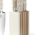 CAROTE 11 Pieces Knife Set with Block for kitchen, Stainless Steel Razor-Sharp Blade, Triple Riveted Ergonomic Handle, Wooden Magnetic Block, Essential Knife Block Set, Beige