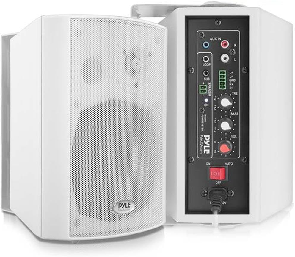 Pyle Wall Mount Home Speaker System – Active Passive Mountable Bookshelf Indoor Studio Garage Patio Stereo Sound Home Theater, Wireless Bluetooth Speaker Set W/Aux & RCA, White