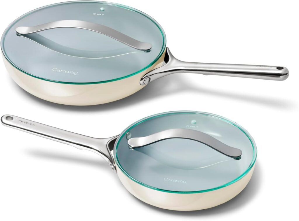 Caraway Ceramic Fry Pan Duo with Glass Lids – Non-Stick Frying Pans (10.5” & 8”) – Non Toxic, PTFE & PFOA Free – Oven Safe & Compatible with All Stovetops – Cream