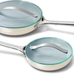 Caraway Ceramic Fry Pan Duo with Glass Lids – Non-Stick Frying Pans (10.5” & 8”) – Non Toxic, PTFE & PFOA Free – Oven Safe & Compatible with All Stovetops – Cream