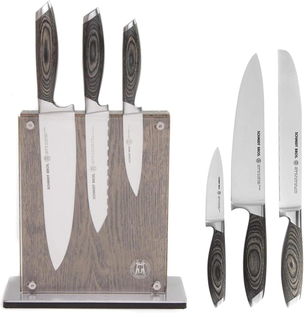 Schmidt Brothers – Bonded Ash 7-Piece Kitchen Knife Set, High-Carbon German Stainless Steel Cutlery, Ash Finish Wood Handles and Clear Acrylic Magnetic Knife Block