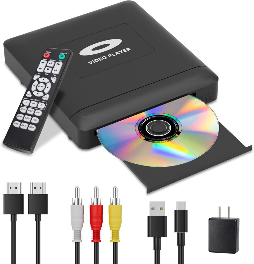 Mini HD DVD Player with Hdmi, Multi Region DVD Player for Smart TV, HDMI/RCA Output Cable Included, 1080P, Breakpoint Memory, Built-in PAL/NTSC, CD Players for Home