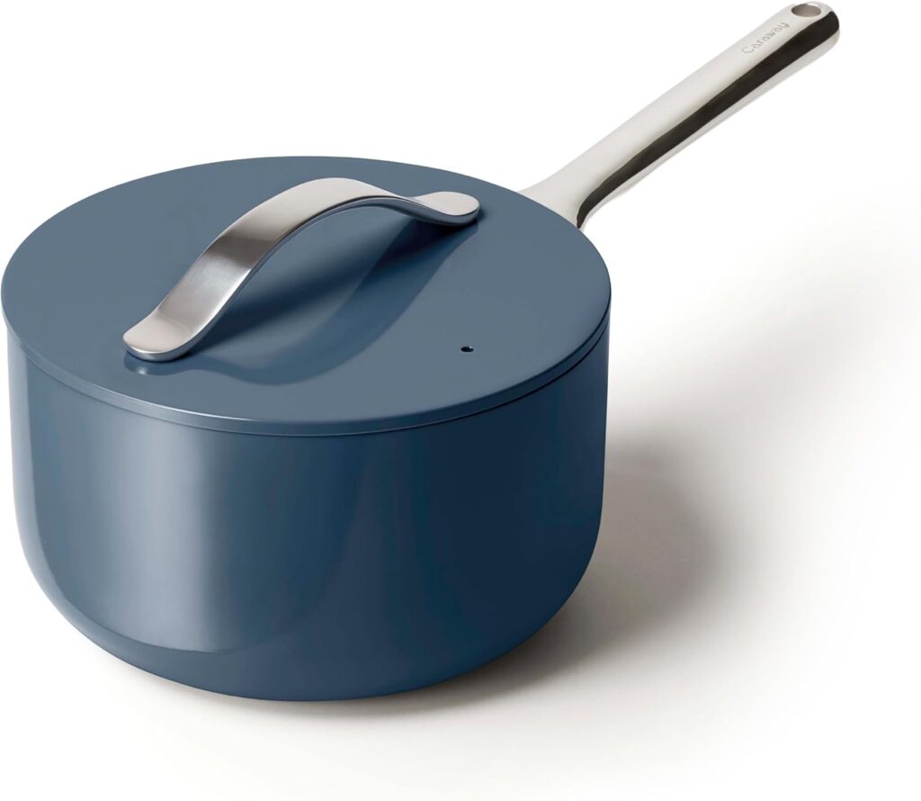 Caraway Nonstick Ceramic Sauce Pan with Lid (3 qt) – Non Toxic, PTFE & PFOA Free – Oven Safe & Compatible with All Stovetops (Gas, Electric & Induction) – Navy