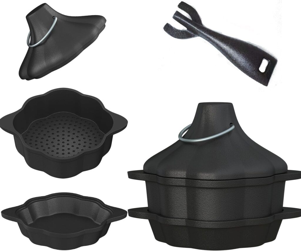 Cast Iron Sauce Pan with Steamer Basket & Lid three-ply, Cast Iron Steamer for Cooking Set, Butter Melting Pot, Garlic Roasters, Food pretreatment for Stovetop, Grilling & Camping