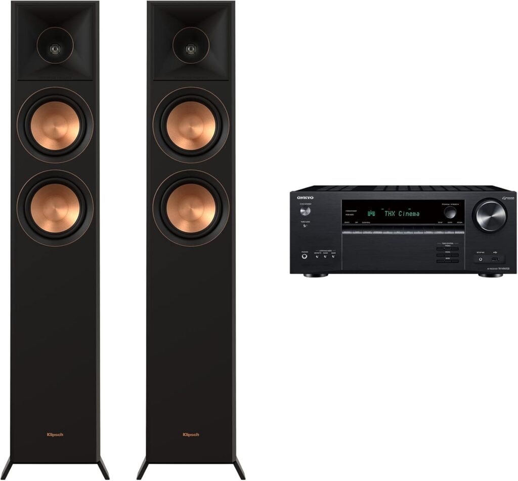 Klipsch Reference Premiere RP-5000F II Floorstanding Speaker with 5.25” Cerametallic Woofers in Ebony with Onkyo TX-NR6100 7.2 Channel THX Certified Network AV Receiver