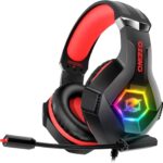 Ozeino Gaming Headset for PC, Ps4, Ps5, Xbox Headset with 7.1 Surround Sound, Gaming Headphones with Noise Cancelling Mic RGB Light Over Ear Headphones for Xbox Series X/S, Switch -Red