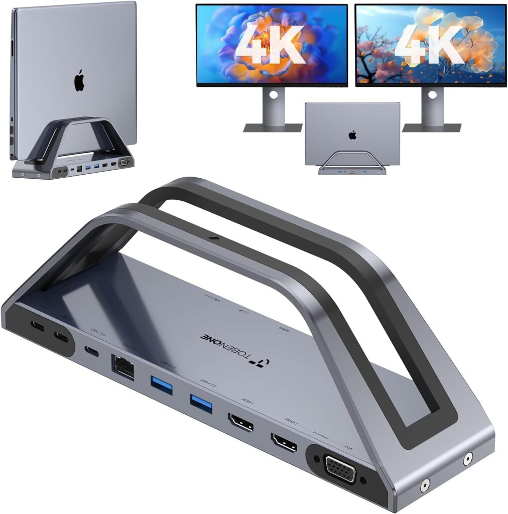 TobenONE 14-in-1 MacBook Pro/Air Docking Station Dual 4K Monitor, Vertical Laptop Docking Station Stand for MacBook Pro/Air M1/M2/M3/M4, USB C Dock with 65W Power Adapter,2 HDMI,VGA,5Gbps USB,RJ45