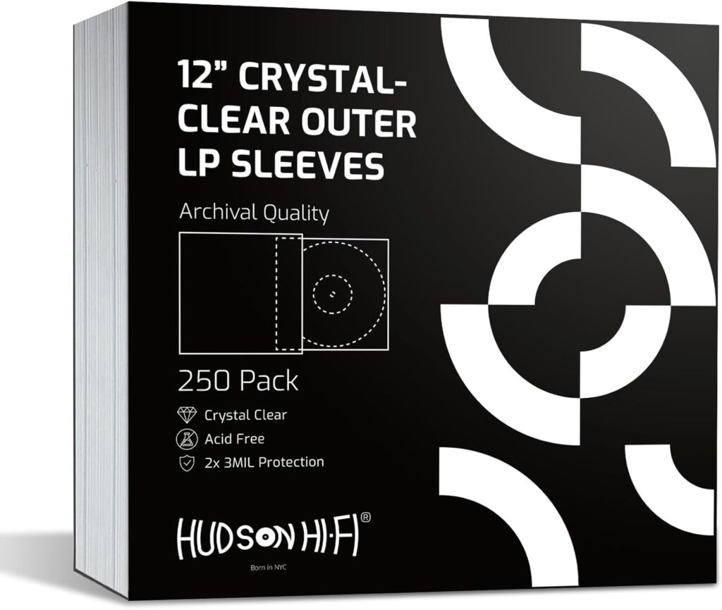 New Hudson Hi-Fi Vinyl Record Outer Sleeve Covers – 250 Pack – Premium Crystal Clear Sleeves – Protect Your LP Albums from Scratches, Dirt & Dust – 3 Layers of 30µm Thick No-Acid Exterior Disc Cover