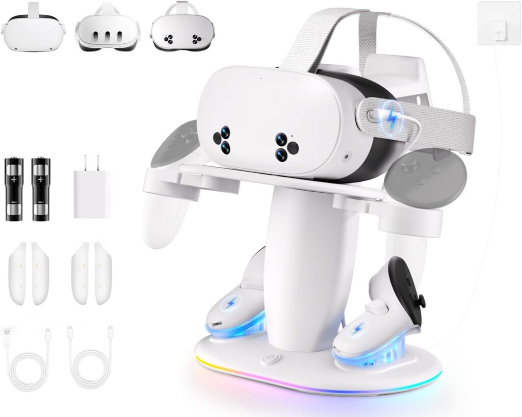Saqico Fast Charging Dock for Meta Quest 3/3s/2 vr Headset and Magnetic Charger for Controllers Simultaneously, RGB Charging Station & Display Stand with Rechargeable Batteries 2pcs and UL AC Adapter
