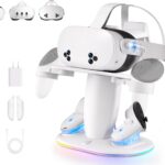 Saqico Fast Charging Dock for Meta Quest 3/3s/2 vr Headset and Magnetic Charger for Controllers Simultaneously, RGB Charging Station & Display Stand with Rechargeable Batteries 2pcs and UL AC Adapter