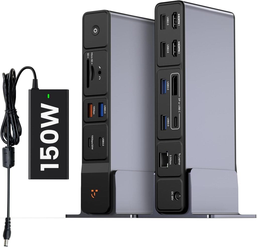 TobenONE USB C Docking Station 3 Monitors, 18-in-1 Triple 4K Display, 150W Power Adapter with 20W Fast Charging, 8 USB Ports up to 10Gbps, 2 HDMI/DP/USB C, for Windows/Chrome OS