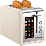 2 Slice Touch Screen Toaster, Stainless Steel Toaster with Wide Slots for Bagels and Bread, Reheat/Defrost/Cancel Functions, Removable Crumb Tray, Cream Color