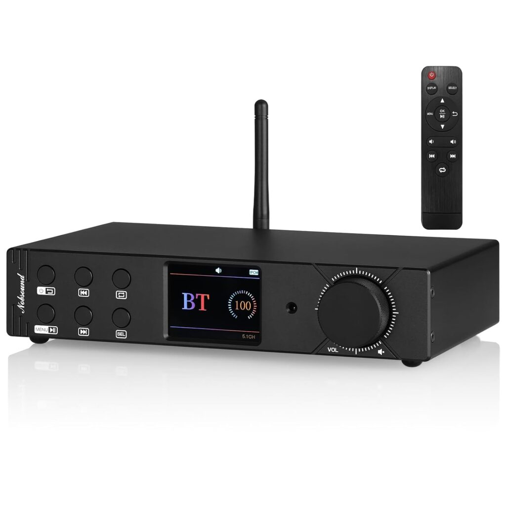 Nobsound 5.1 Channel Bluetooth Amplifier: Home Theater HiFi Surround Sound Amp with DSP – Optical/Coaxial/USB Inputs & DSD256 Support – OLED Display
