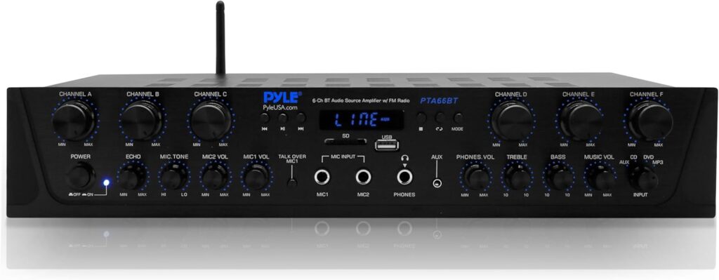 Pyle Bluetooth Home Audio Amplifier – 6 Channel Stereo Receiver Amp, 600 Watt Power, Commercial or Karaoke with Mic Talkover, Headphone Jack, 1/4” Microphone In, USB SD AUX RCA FM Radio