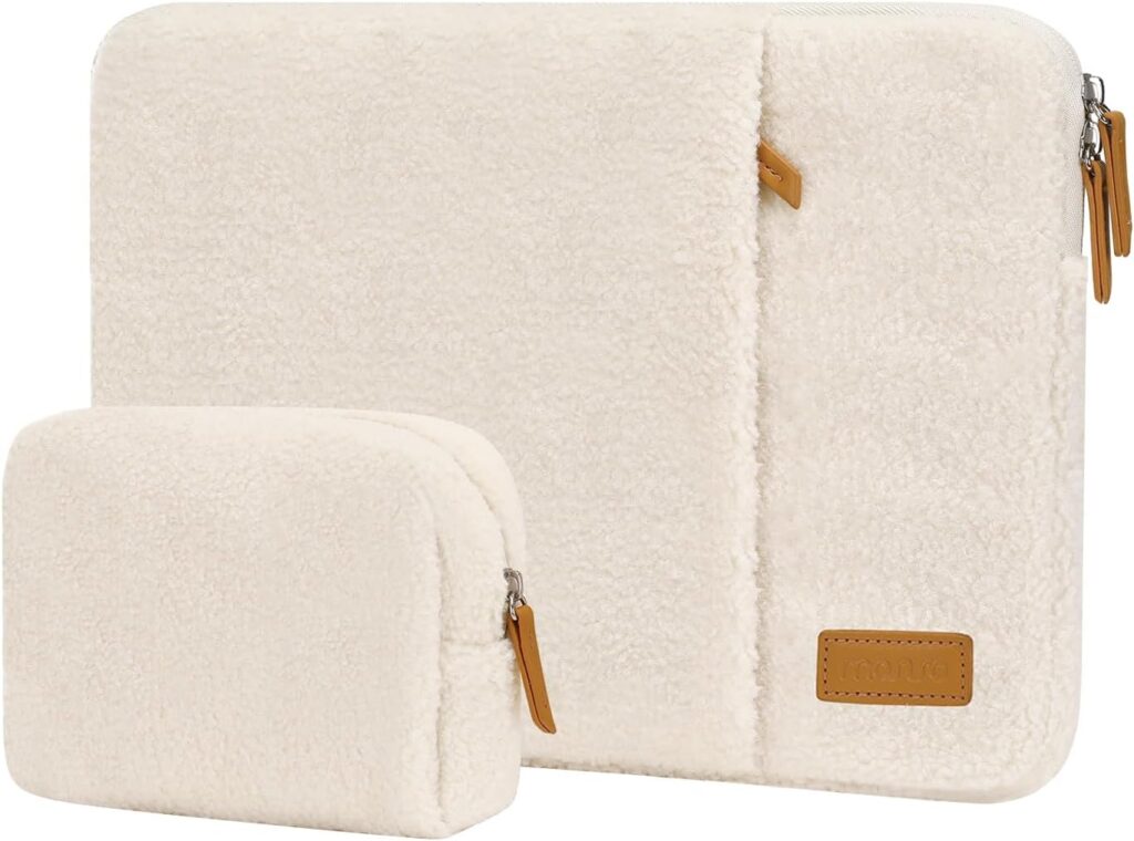 MOSISO Laptop Sleeve Compatible with MacBook Air/Pro,13-13.3 inch Notebook, Compatible with MacBook Pro 14 inch M4 M3 M2 M1,Carrying Case Soft Fluffy Plush Vertical Bag with Pocket&Small Case, Apricot