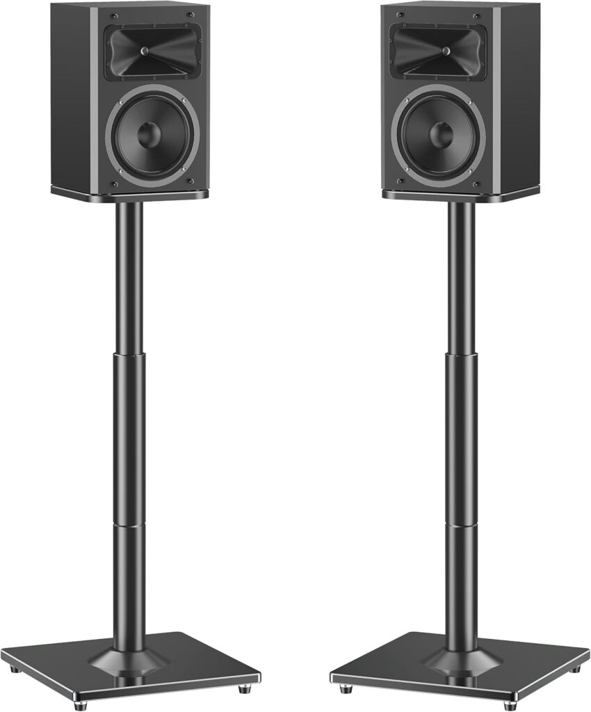 MOUNTUP Universal Speaker Stands Pair 28.3″ to 37.4″ Height Adjustable Floor Speaker Stands, Holds Bookshelf & Satellite Speaker Large Speaker, Up to 22LBS Cable Concealing 9.8″ Plate Black MU9132-L