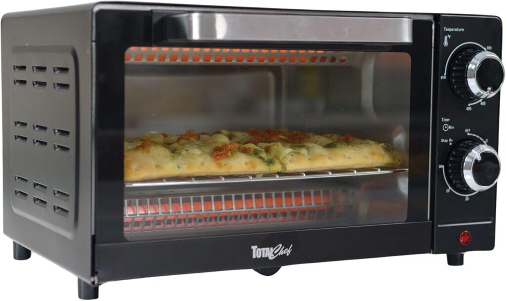 Total Chef Toaster Oven – 4 Slice Toaster Compact Size Conventional Countertop Kitchen Appliance Pequeños Tostador Horno Toast Bread Slices, Bagels, Bake, Pizza, Broil, Black