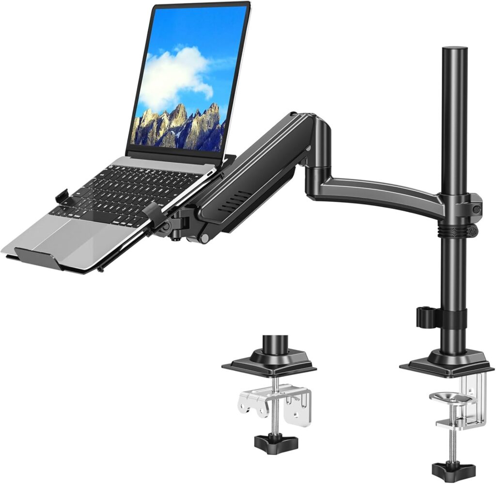 MOUNTUP Laptop Desk Mount, Adjustable Laptop Stand for max 17″ Notebook or 32″ Monitor, Laptops Arm Mount for Desk Holds 4.4-22lbs, Tall Laptops Stand with Clamp/Grommet