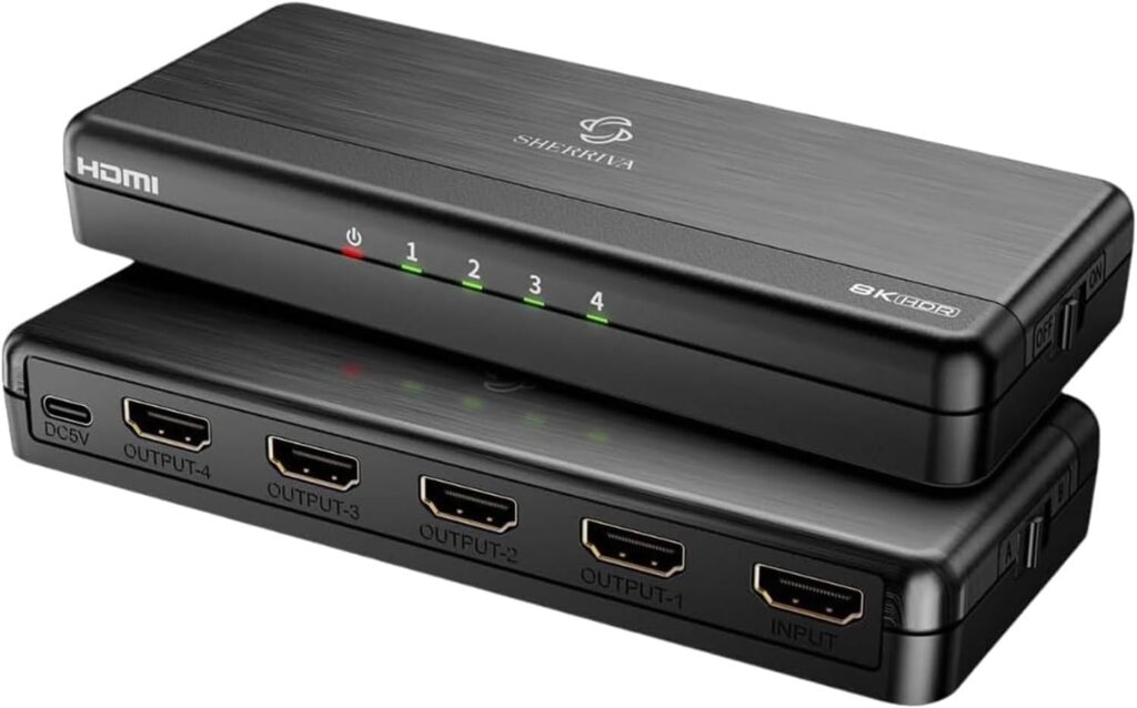 8K HDMI Splitter 1 in 4 Out, 1×4 Duplicate/Mirror Screens, HDMI 2.1, 8K@60Hz, 4K@240Hz (DSC), 4K@120Hz, Auto Downscaling, 48Gbps, HDCP 2.3, Compatible with Xbox, PS5, Blu-ray Player