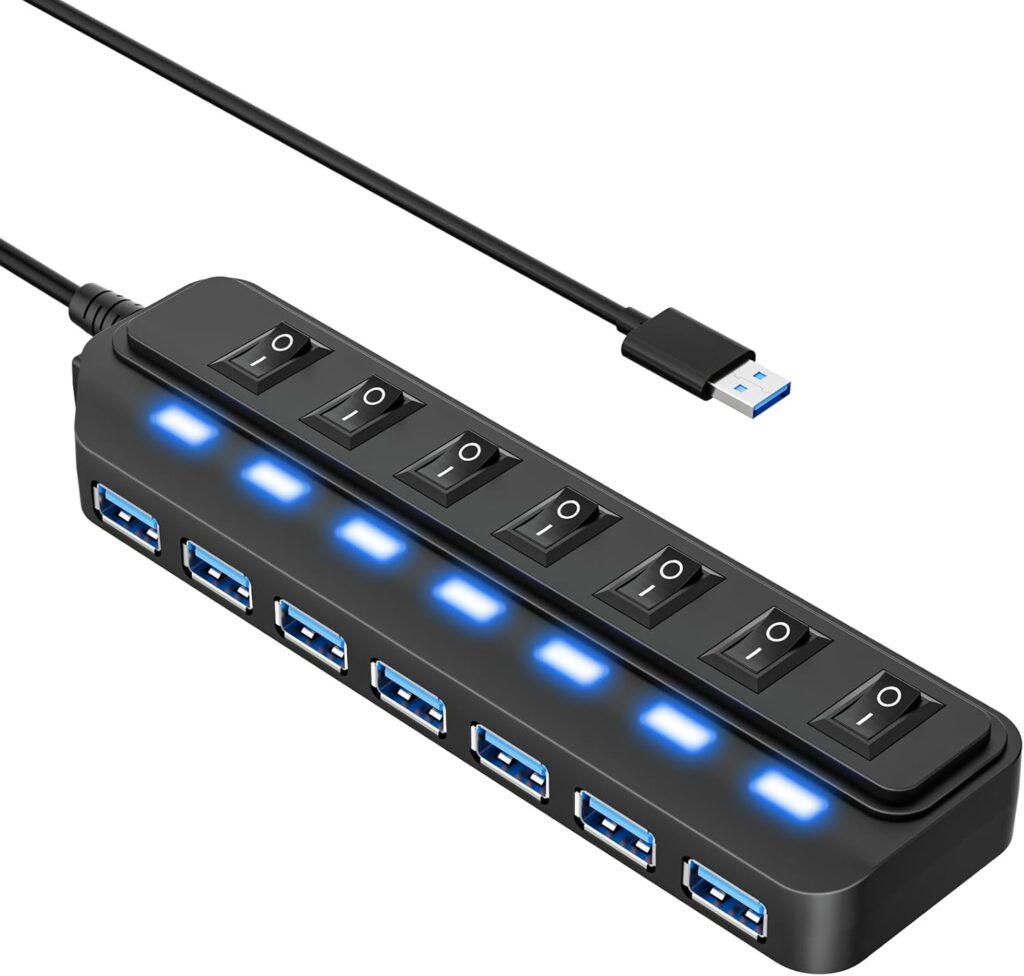 USB Hub 7 Port,USB 3.0 Hub Splitter with Individual On/Off LED Switches, USB Hub for PC, 5Gbps HighSpeed Data for Laptop, Mac, PC, Desktop, PS5, Xbox and More