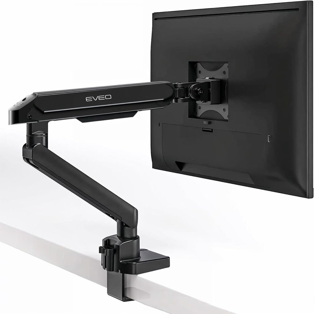 EVEO Premium Single Monitor Arm 14″–34″, Adjustable Gas Spring Monitor Mount, Single Arm Desk Mount for 34 Inch Computer Screens, VESA Compatible Stand with Clamp and Grommet Base – Black