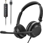 USB Headset with Microphone for PC, Wired Computer Headset with Mic Noise Cancelling On-Ear Headphones for Laptop/Mac, Home Office, Call Centers, Skype, Zoom & Teams