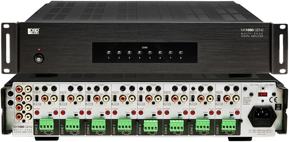 OSD Audio MX1680 GEN2 8 Zone Amplifier 16Ch x 80W, Class D, Front Panel On/Off Buttons, Distributed Audio