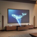 102″ Ultra Short Throw Projector TV Cabinet, Mid-Century Modern Electric TV Stand with Linkage Memory Function and Ample Storage Space, Entertainment Center for Living Room, Walnut Color