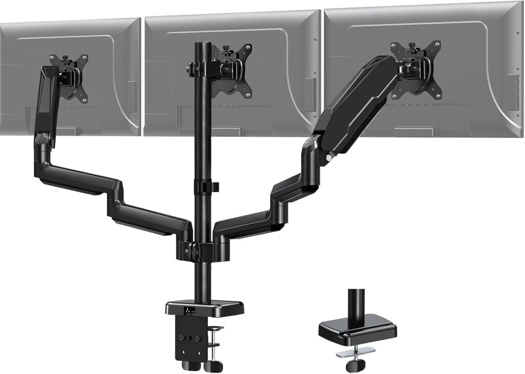MOUNT PRO Triple Monitor Mount for 13-27 inch Screens, 3 Monitor Desk Mount, Gas Spring Triple Display Stand, Full Motion Three Computer Arm Hold up to 17.6lbs Each, VESA 75×75, 100×100