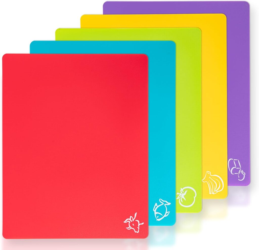 5 Pieces Flexible Plastic Cutting Board Mats with Food Icons, BPA Free Cutting Boards for Kitchen, Non Slip Cutting Mat for Meat and Vegetables (Red, Bright Yellow, Light Green, Purple, Lake Blue)