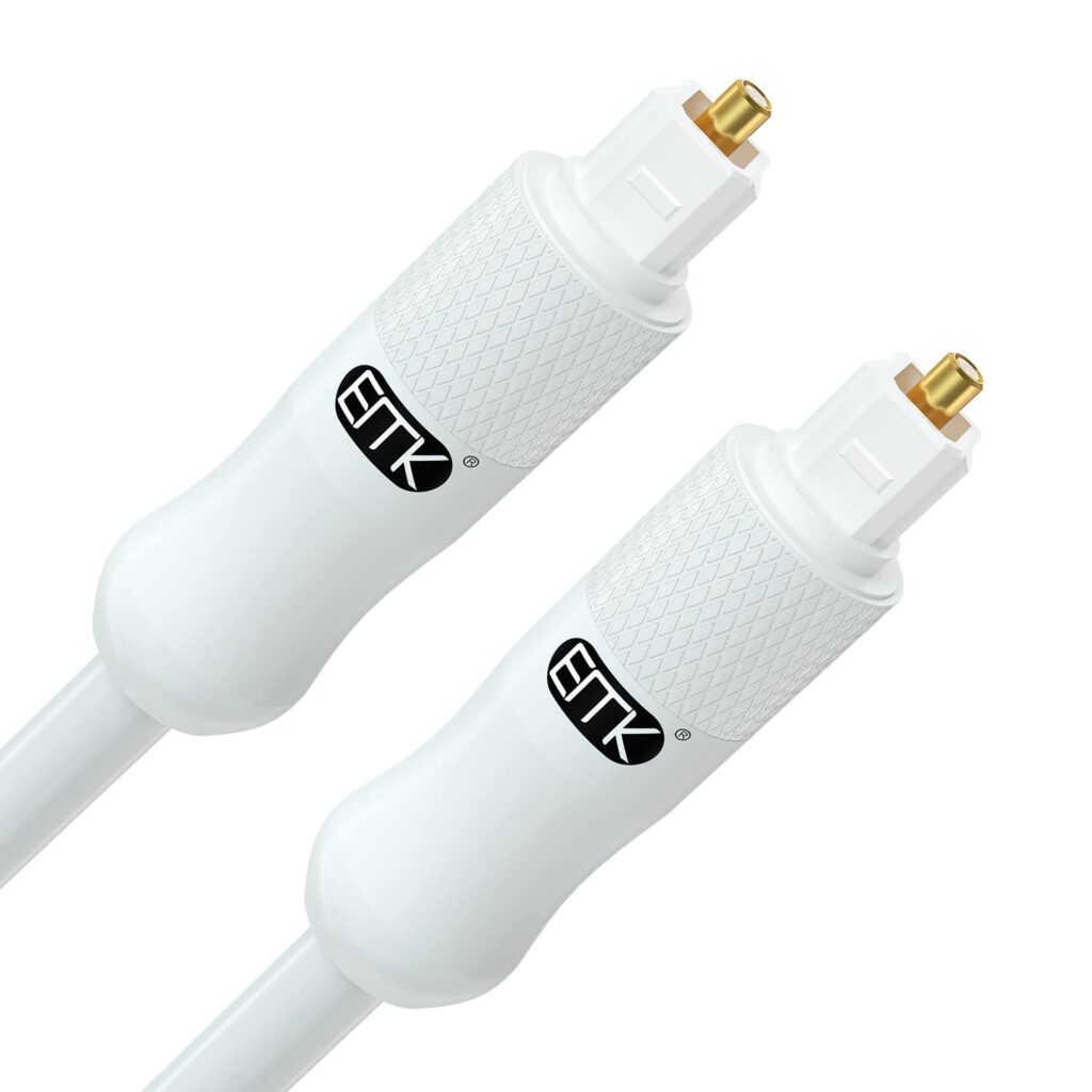 EMK White Optical Audio Cable [6ft/2M] – Digital SPDIF Toslink Fiber Optic Cable for Sound Bar, TV, Home Theater, Blu-ray Player – White, High-Speed, Low-Loss, Gold-Plated Connectors