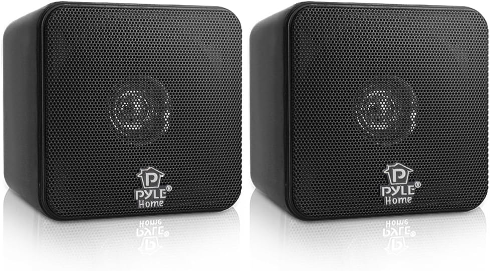 Pyle Home 4” Mini Cube Bookshelf Speakers-Paper Cone Driver, 200 Watt Power, 8 Ohm Impedance, Video Shielding, Home Theater Application and Audio Stereo Surround Sound System – 1 Pair -PCB4BK (Black)