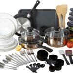 Gibson Home 74 Piece Kitchen in a Box Pots and Pans Cookware, Plates and Bowls Dinnerware, Cutlery Knife Block, Flatware Utensils, Tools & Gadgets, Storage, Glasses Set
