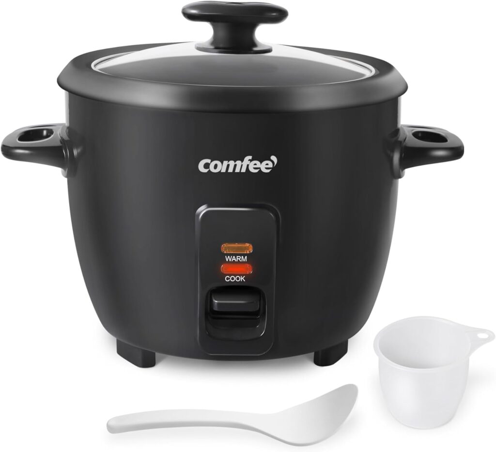 COMFEE’ Rice Cooker, 6-Cup Cooked/3-Cup Uncooked, Removable Non-Stick Bowl, for Soups, Stews, Grains&Oatmeal, One Touch, Black