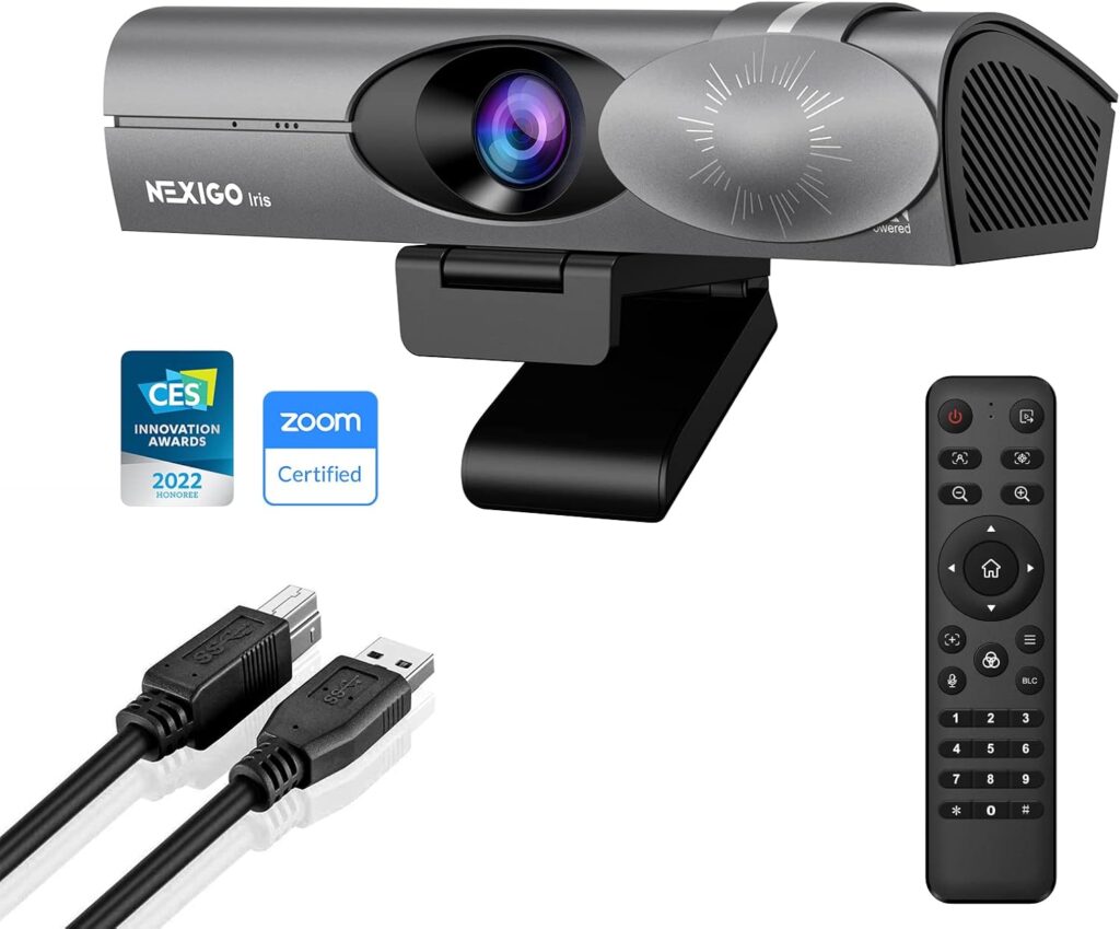 NexiGo Iris, 4K AI Webcam with 1/1.8″ Sony_Sensor, Onboard Flash Memory, HDR, PiP, DSLR-Style Control, Auto Framing/Tracking with Flexible FOV, Noise-Canceling Mics, for Zoom/Teams/OBS and More