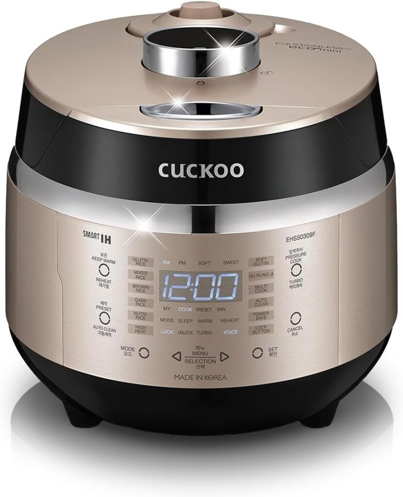 CUCKOO High Pressure Rice Cooker 3-Cup Uncooked / 6-Cup Cooked with Induction Heating Technology, Small Rice Maker with 16 Menu Options and Steam Plate, Voice Guide, Gold (CRP-EHSS0309F)