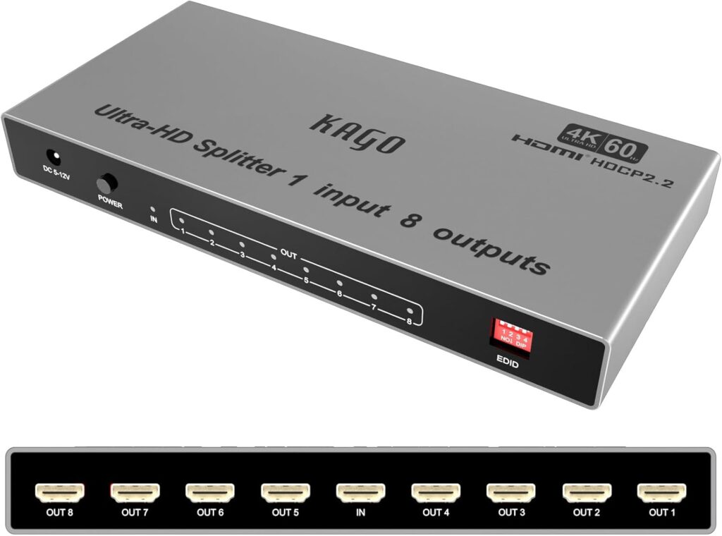 KAGO HDMI Splitter -1 in 8 Out TV Splitters Premium Quality High Resolutions Support HDMI 2.0, HDCP 2.2, 18 Gbps 4K@60Hz 2k@120Hz 36-Bit Deep Color UltraHD,Plug&Play