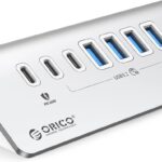 ORICO 7 Port USB Hub 10Gbps, Aluminum USB 3.2 Gen 2 Hub, 6 USB 3.2 Data Ports, 1 PD 60W Ports, 24V 3A Power Adapter, 3.28Ft A to C Cable, USB Data Hub for Laptop
