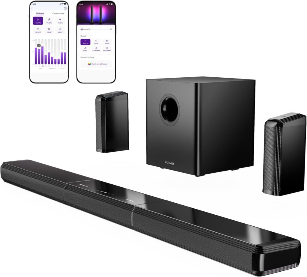ULTIMEA 9.1ch Surround Sound System with Dolby Atmos, 2 Rear Speaker, 6.5″ Wireless Subwoofer, RGB Light, App, Detachable Surround Sound System for Home Theater, Peak Power 470W, HDMI eARC, Apollo S90