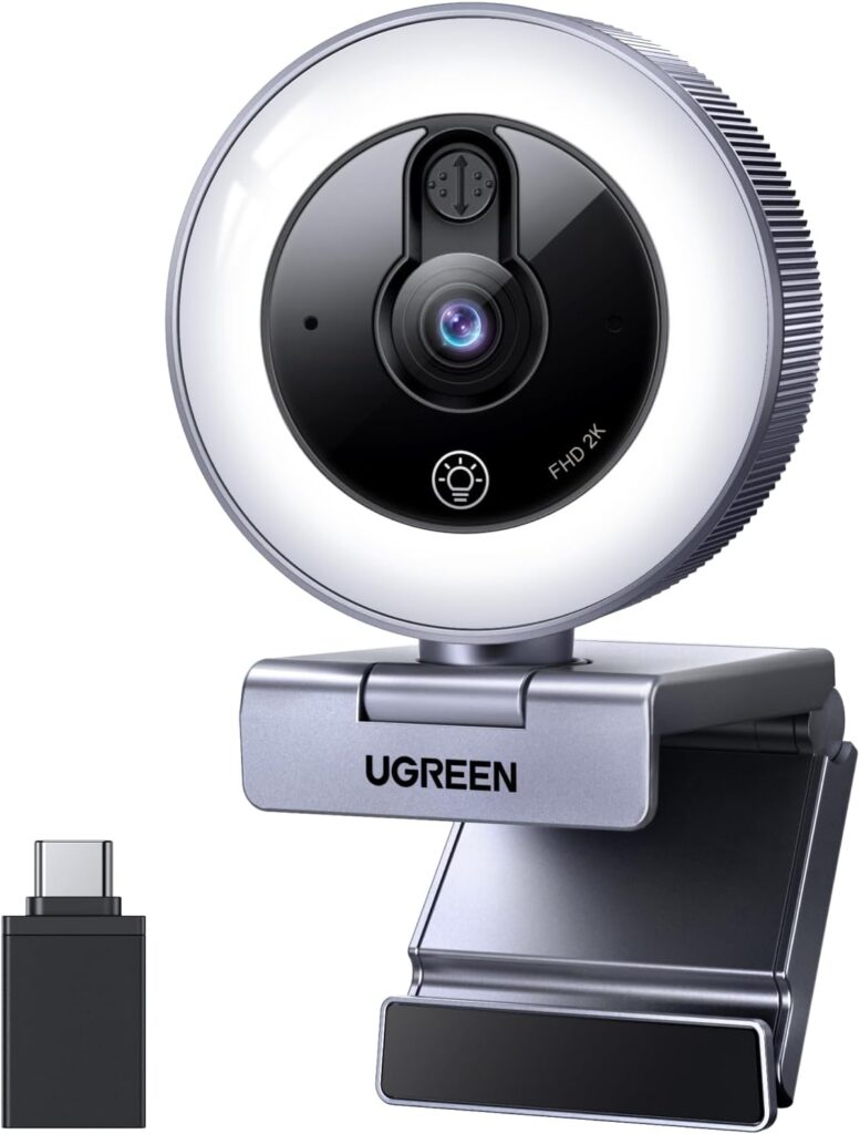 UGREEN 2K Webcam with 4-Level Ring Light, Full HD Webcam for PC with Microphone, Privacy Cover, USB Web Camera Compatible with Switch 2, Streaming, Conference, Zoom, Teams, Computer/Laptop/MacBook