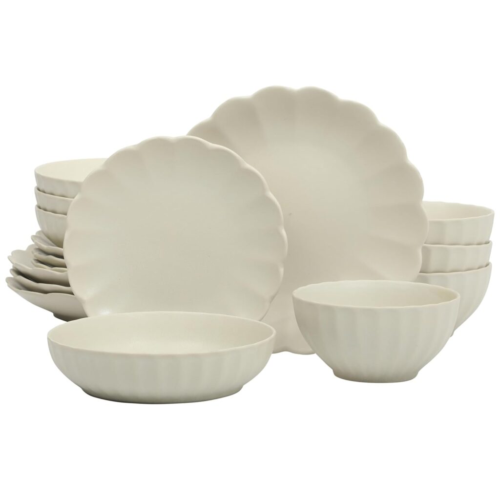 Gibson Elite Malibu Shore 16 Piece Scallop Stoneware Reactive Glaze (Service for 4) Ceramic Plates and Bowls Dinnerware Set – Cream White