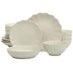 Gibson Elite Malibu Shore 16 Piece Scallop Stoneware Reactive Glaze (Service for 4) Ceramic Plates and Bowls Dinnerware Set – Cream White
