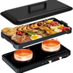 Portable Double Induction Cooktop with Removable Non-Stick Cast Iron Griddle Pan, 2 Burner Electric Stove with Timer & Digital Temperature Control, Black